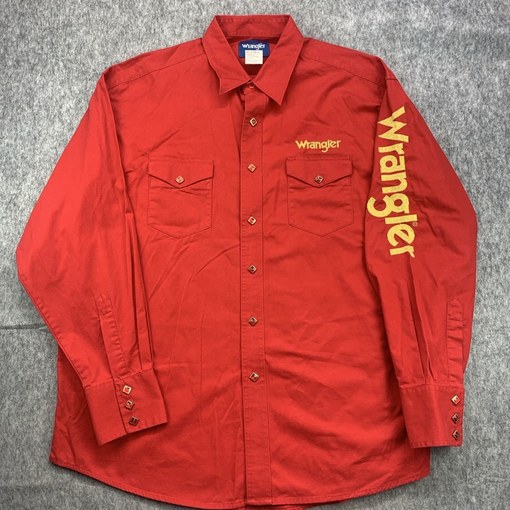 VTG Wrangler Western Snap Shirt Red 100% Cotton Gold Logo Embroidery - Size XL